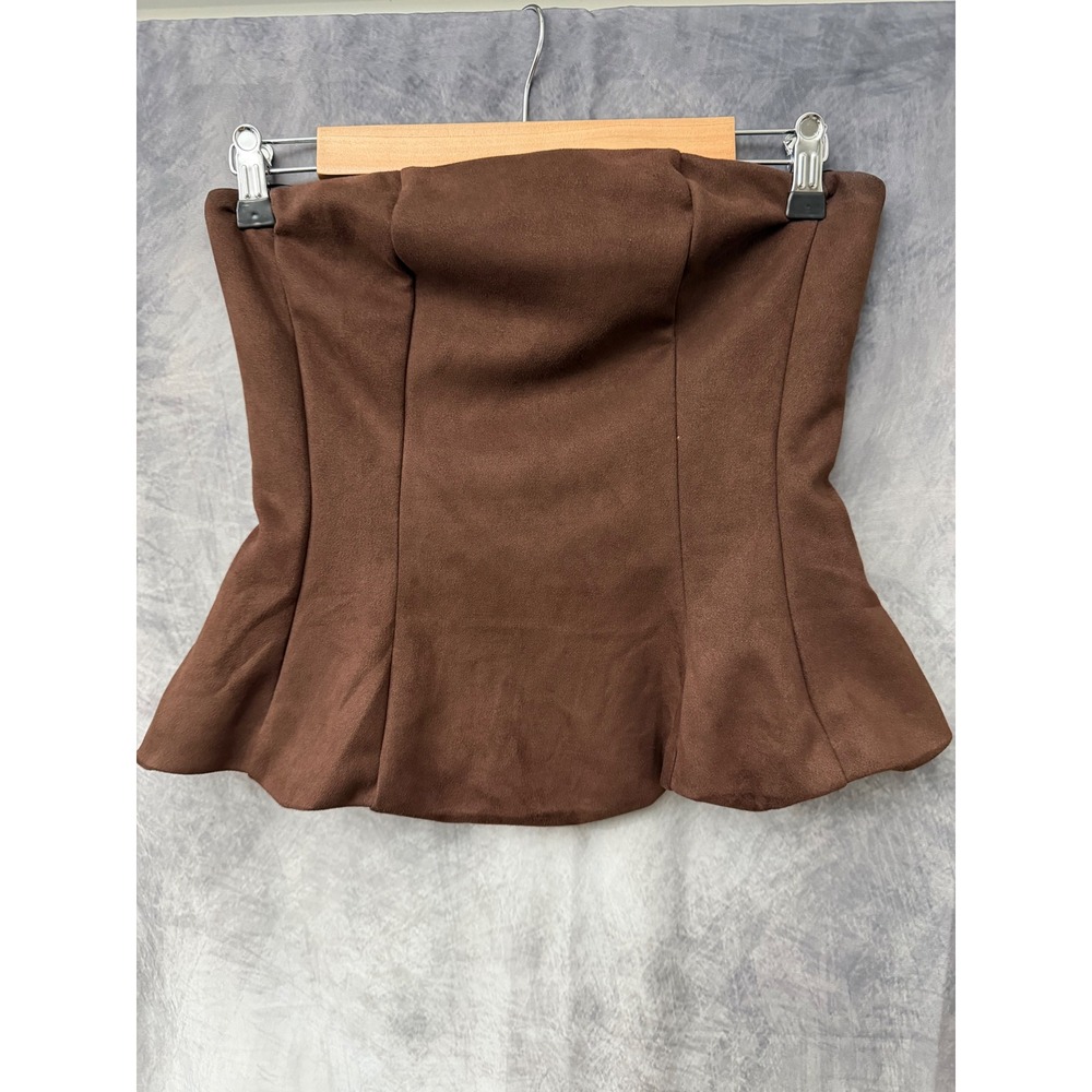 Coquette Brown Faux Suede Strapless Peplum Top Smocked Back Small Festival